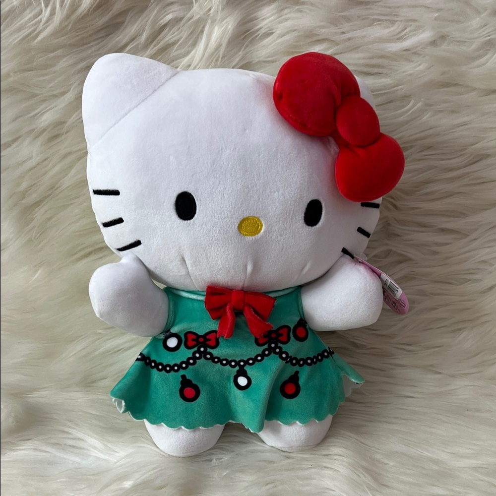 Hello Kitty Christmas Plush with Red Bow and Green Dress